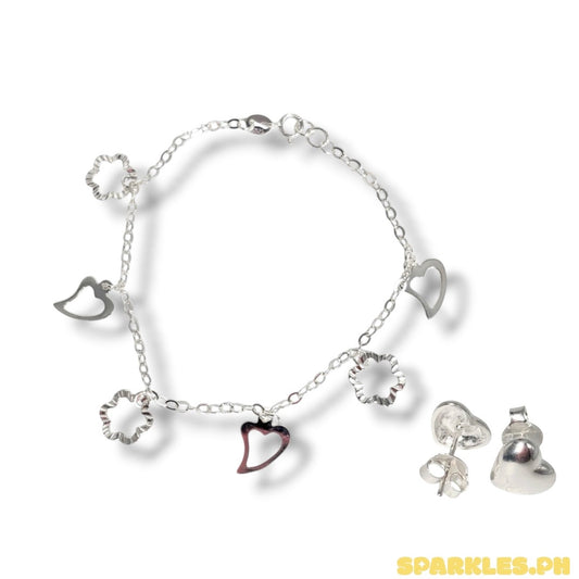 92.5 Sterling Silver - Plain Curve Heart Bracelet + 92.5 Sterling Silver - Plain Heart Stud Earrings