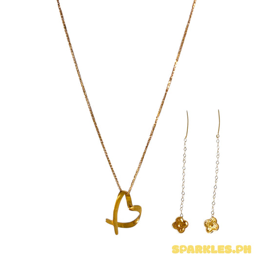 18k Saudi Gold Foxtail Chain 18" + 18k Saudi Gold Boarder Heart Pendant + 18k Saudi Gold Mini Flower Tictac