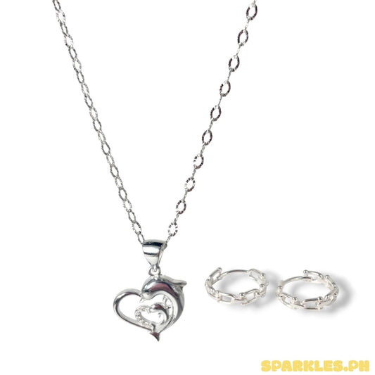 92.5 Sterling Silver - Diacut Circle Chain 18" + 92.5 Sterling Silver - Dolphin Heart Pendant + 92.5 Silver - U Bar Clip Earrings