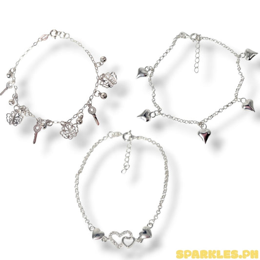 92.5 Sterling Silver - Station Butterfly Key Bracelet + 92.5 Sterling Silver - Station Plain Heart Bracelet + 92.5 Sterling Silver - Heart Bond Bracelet