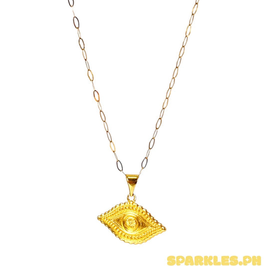 18k Saudi Gold Micro Paperclip Chain 18" + 18k Saudi Gold Solid Evil Eye Pendant