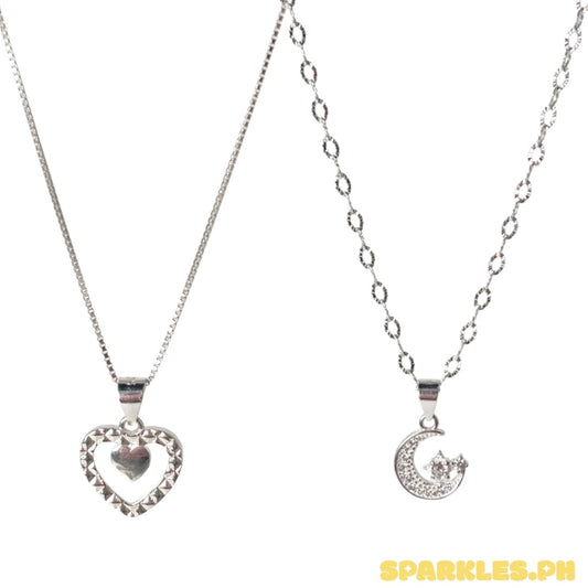 92.5 Sterling Silver - Box Chain 18” + 92.5 Sterling Silver - Diacut Heart Pendant + 92.5 Sterling Silver - Diacut Circle Chain 18" + 92.5 Sterling Silver - Crescent Pendant
