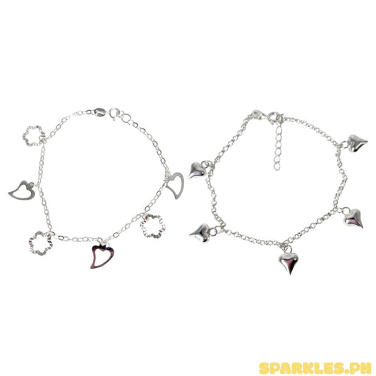 92.5 Sterling Silver - Plain Curve Heart Bracelet + 92.5 Sterling Silver - Station Plain Heart Bracelet