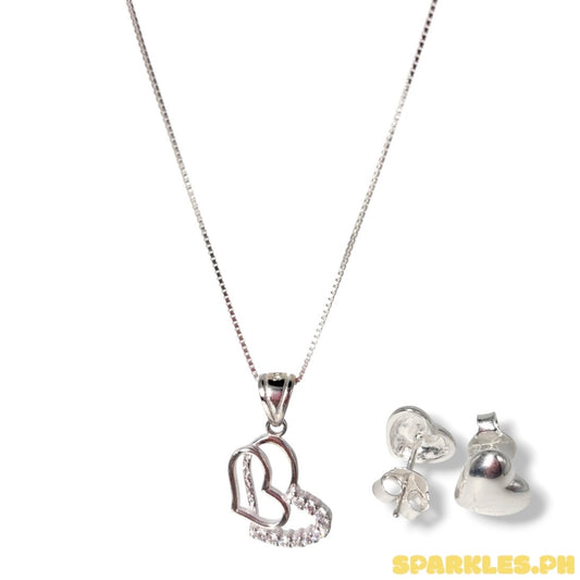 92.5 Sterling Silver - Box Chain 18” + 92.5 Sterling Silver - Double Heart Pendant + 92.5 Sterling Silver - Plain Heart Stud Earrings