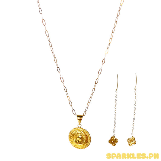 18k Saudi Gold Micro Paperclip Chain 20 + 18k Saudi Gold Royal Queen Pendant + 18k Saudi Gold Mini Flower Tictac