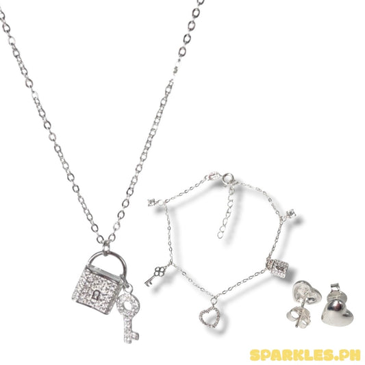 92.5 Sterling Silver - Love Lock Necklace + 92.5 Sterling Silver - Love Lock Charm Bracelet + 92.5 Sterling Silver - Plain Heart Stud Earrings