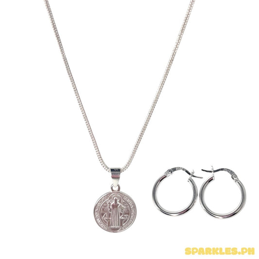 92.5 Sterling Silver - Foxtail Chain 18" + 92.5 Sterling Silver - St. Benedict Medallion Pendant V1 + 92.5 Sterling Silver - 15mm Plain Clip Earrings