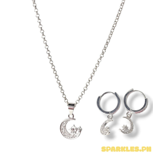92.5 Sterling Silver - Tauco Chain Level 4 + 92.5 Sterling Silver - Crescent Pendant + 92.5 Sterling Silver - Crescent Clip Earrings