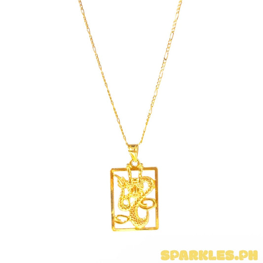 18k Saudi Gold Figaru 20' Chain Solid Pawnable Lightweight+18k Saudi Gold Mini Frame Dragon Pendant