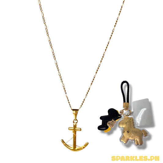 18k Saudi Gold Figaru Chain 20" + 18k Saudi Gold Anchor String Pendant + FREE Horse Lucky Charm NOT PAWNABLE