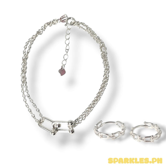 92.5 92.5 Sterling Silver - Double Layer U Bar Bracelet + 92.5 Silver - U Bar Clip Earrings