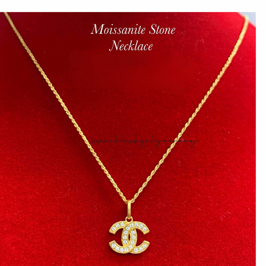 CC Moissanite Stone Necklace Set Chain & Pendant 18k Saudi Gold