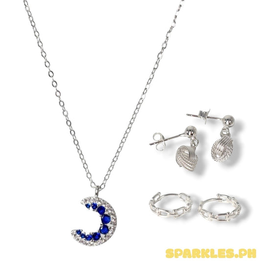92.5 Sterling Silver - Blue Crescent Necklace + 92.5 Sterling Silver - Double Loop Earring + 92.5 Silver - U Bar Clip Earrings