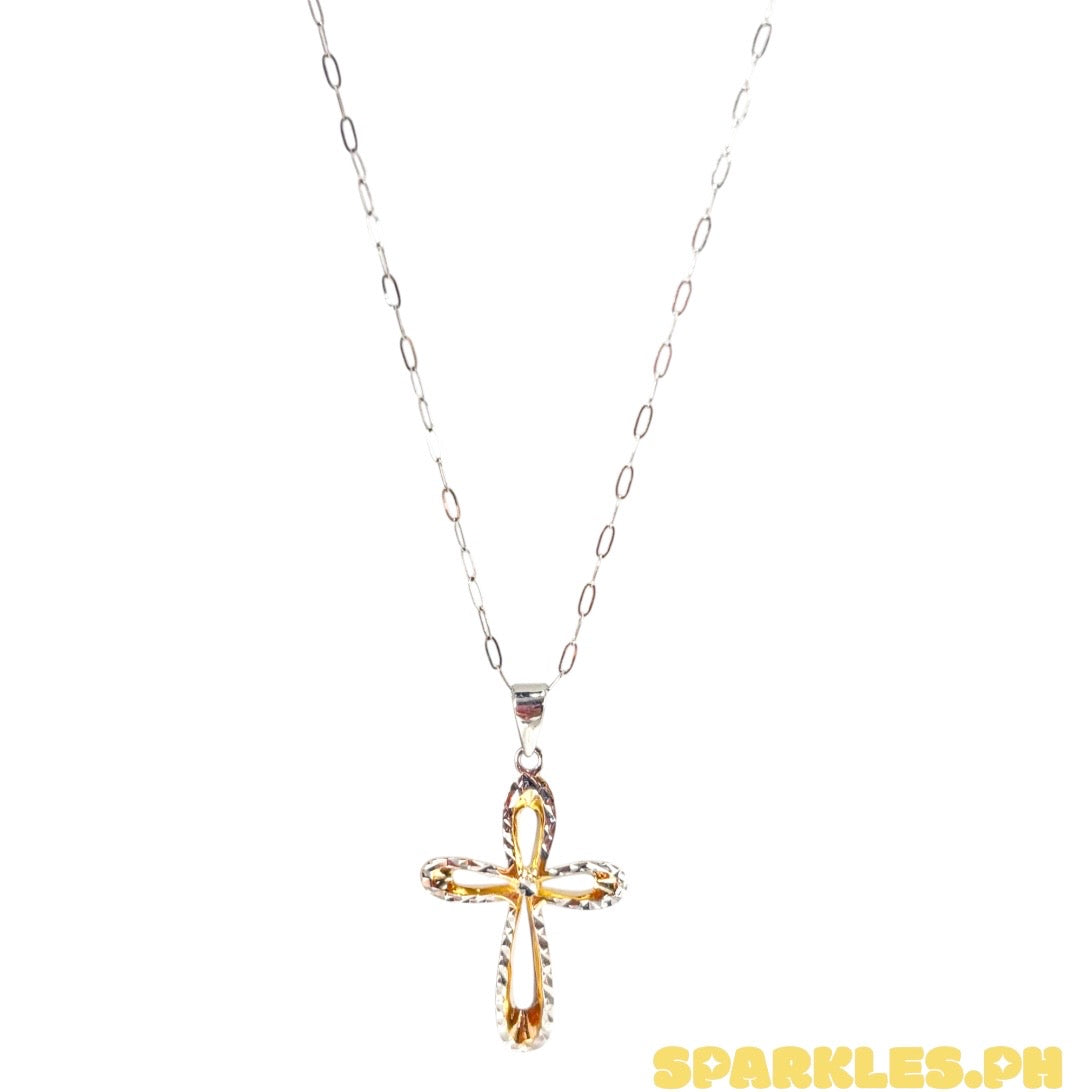 18k Saudi White Gold Micro Paperclip Chain 18" + 18k Saudi Gold 2Tone Cross Pendant