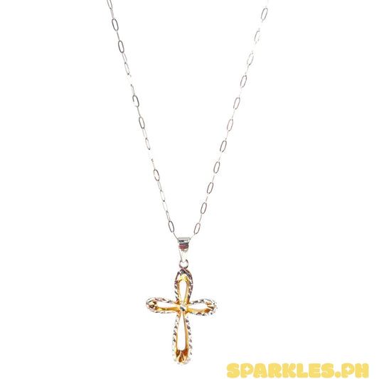 18k Saudi White Gold Micro Paperclip Chain 18" + 18k Saudi Gold 2Tone Cross Pendant