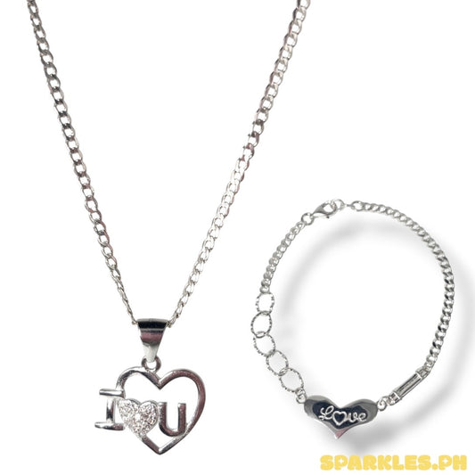 92.5 Sterling Silver - 2mm Cadena Chain 16" + 92.5 Sterling Silver - I Love U Pendant + 92.5 Sterling Silver - Love Bracelet