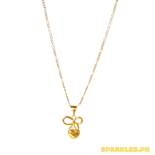 18k Saudi Gold Figaru Chain 16" + 18k Saudi Gold Bow Heart Pendant
