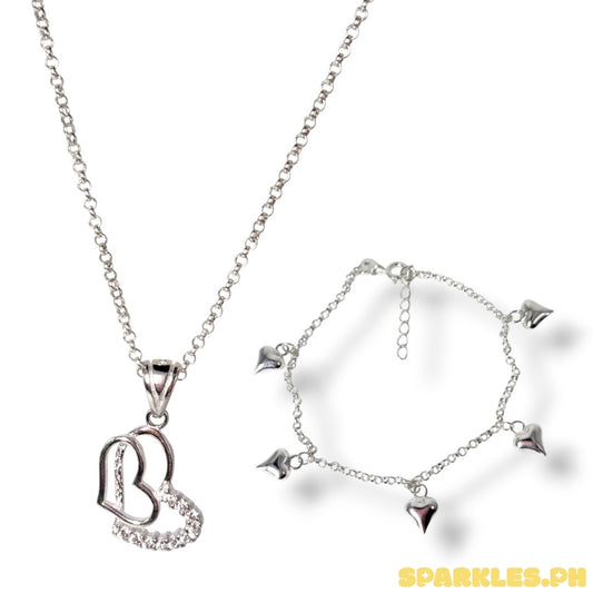 92.5 Sterling Silver - Tauco Chain Level 4 + 92.5 Sterling Silver - Double Heart Pendant + 92.5 Sterling Silver - Station Plain Heart Bracelet