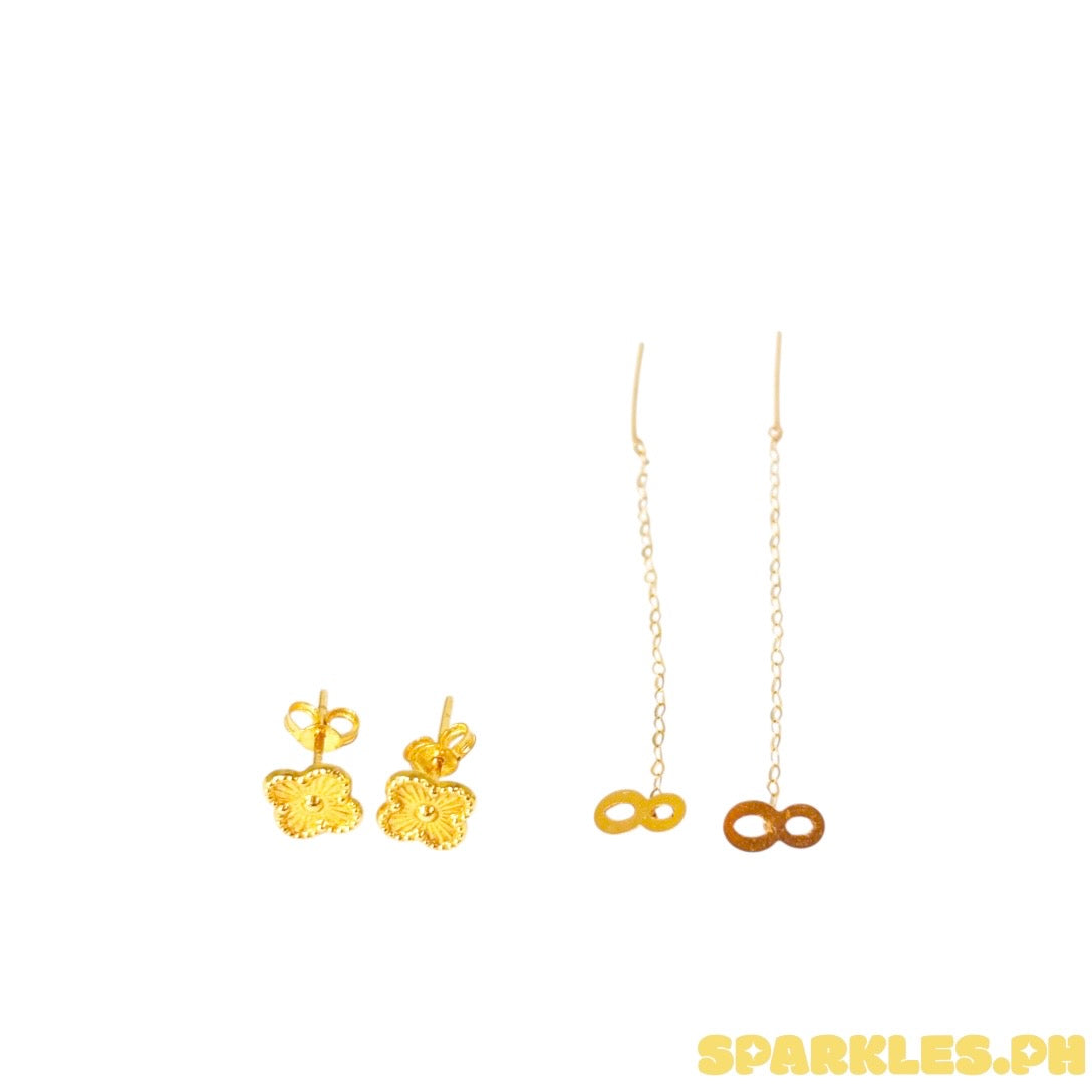 18k Saudi Gold Clover Stud Gold Pakaw + 18k Saudi Gold Infinity Tictac Earrings