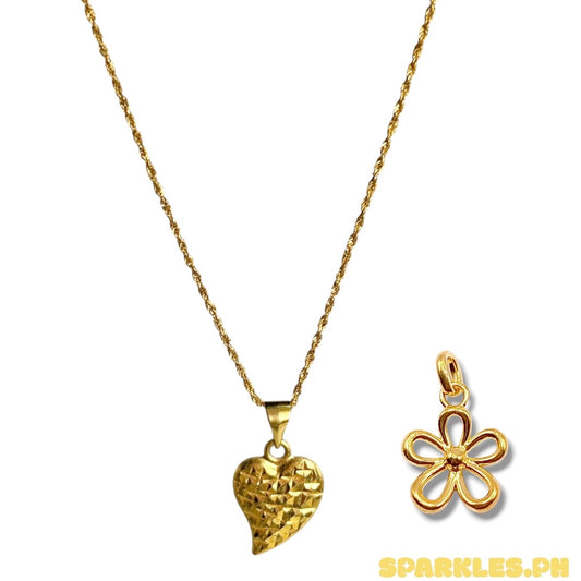 18k Saudi Gold Rope Chain 16" + 18k Saudi Gold Sexyheart Diacut Solido Pawnable + AMPAW/HOLLOW 18k Saudi Gold Daisy Pendant - J07WZVG