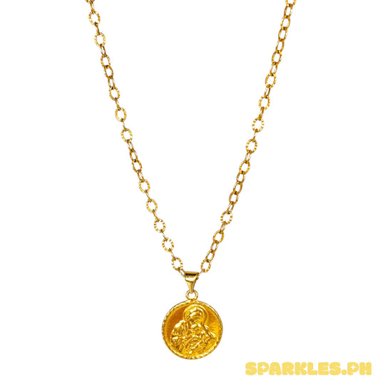 18k Saudi Gold Diacut Circle Chain 18" + 18k Saudi Gold 15mm Mary and Child Pendant