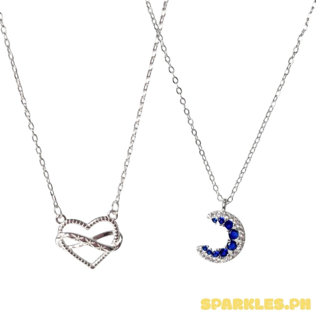 92.5 Sterling Silver - Blue Crescent Necklace + 92.5 Sterling Silver - Heart Infinity Necklace