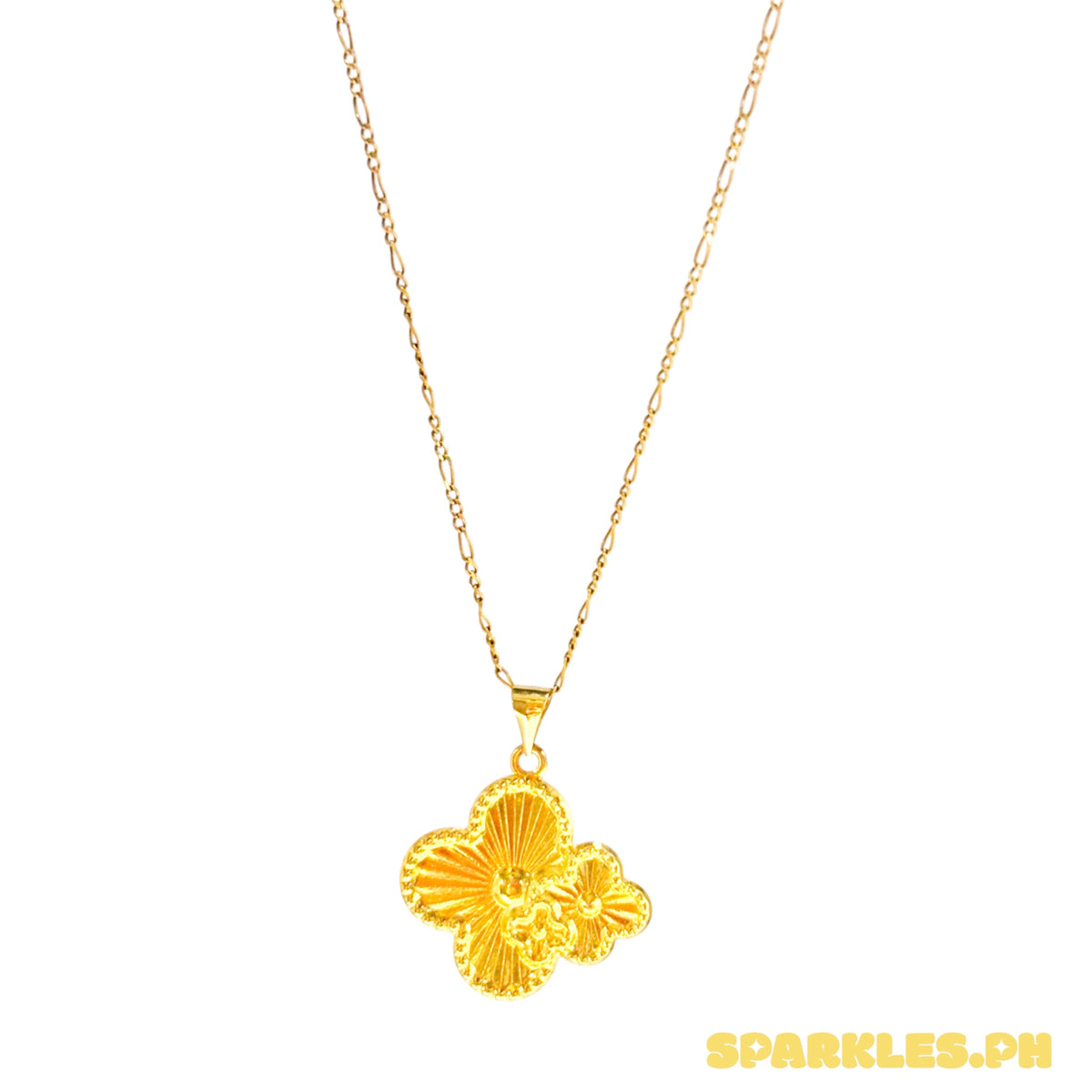 18k Saudi Gold Figaru Chain 20" + 18k Saudi Gold Twin Clover Pendant