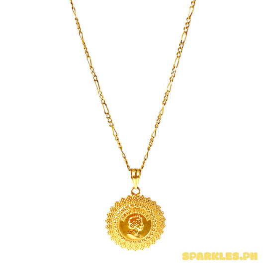 18k Saudi Gold Figaru Chain Makapal 18" + 18k Saudi Gold Queen Elizabeth Medallion Pendant