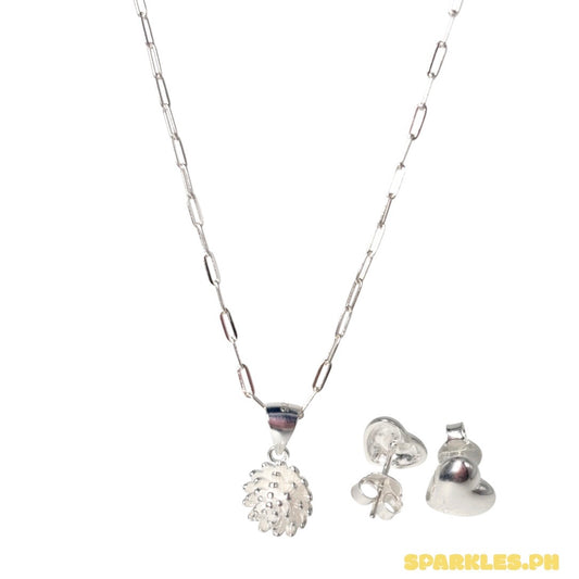 92.5 Sterling Silver - Micro Paperclip Chain Makapal 18” + 92.5 Sterling Silver - Pine Bloom Pendant + 2.5 Sterling Silver - Plain Heart Stud Earrings