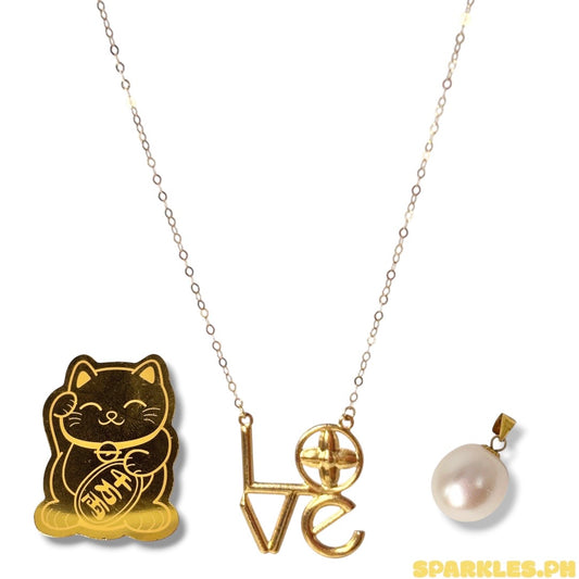 18k Saudi Gold Love Necklace Solid Pawnable + 18k Saudi Gold Freshwater Pearl Hook Pendant + FREE LUCKY CAT CHARM STICKER