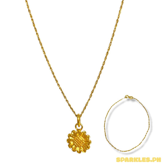 18k Saudi Gold Rope Chain 18" + AMPAW/HOLLOW 18k Saudi Gold Sunflower Style Pendant - WR7YNQ + 18k Saudi Gold Rope Bracelet