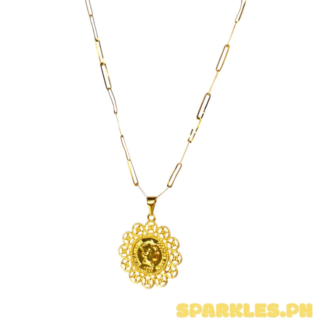 18k Saudi Gold 2X5MM Paperclip Chain 18" + 18k Saudi Gold Flower Elizabeth Pendant