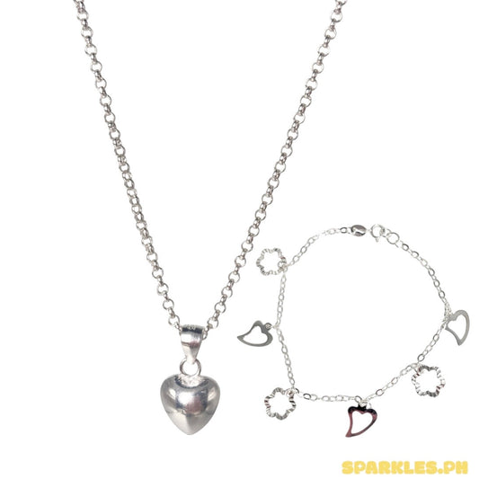 92.5 Sterling Silver - Tauco Chain Level 4 + 92.5 Sterling Silver - Puffed Heart Pendant + 92.5 Sterling Silver - Plain Curve Heart Bracelet