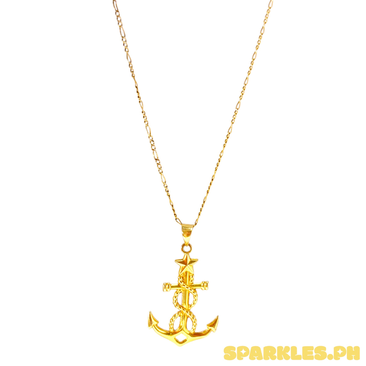 18k Saudi Gold Figaru Chain 20" + 18k Saudi Gold Anchor Star Pendant