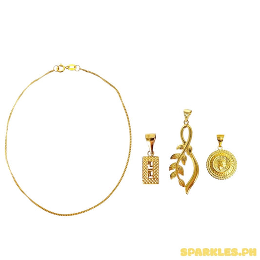 18k Saudi Gold Cadena BRACELET W/O Extender 7.5" + 18k Saudi Gold Fenfen Rectangle Pendant + 18k Saudi Gold Royal Queen Pendant + 8k Saudi Gold Petal Design Pendant