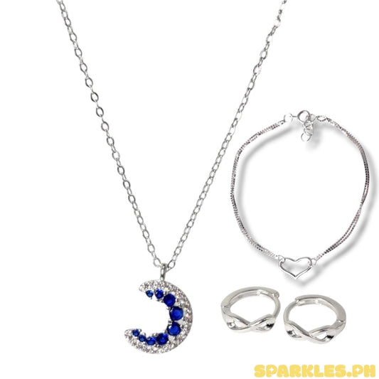 92.5 Sterling Silver - Blue Crescent Necklace + 92.5 Sterling Silver - Double Layer Heart Bracelet + 92.5 Sterling Silver - Infinity Clip Earrings
