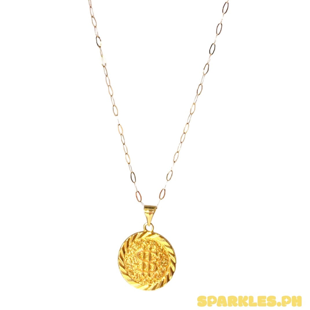 18k saudi gold micro paperclip chain solid pawnable-20' + 18k Saudi Gold Dollar Coin Pendant