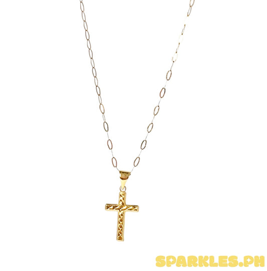 18k Saudi Gold Micro Paperclip Chain 20"  + 18k Saudi Gold Dia Plain Cross Buo Pendant