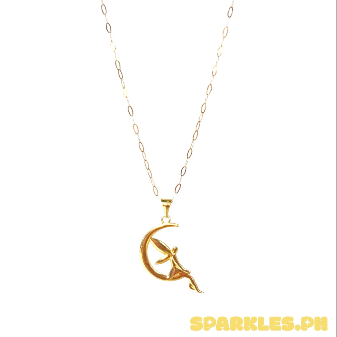 18k Saudi Gold Micro Paperclip Chain 18" + 18k Saudi Gold Moon Fairy Pendant