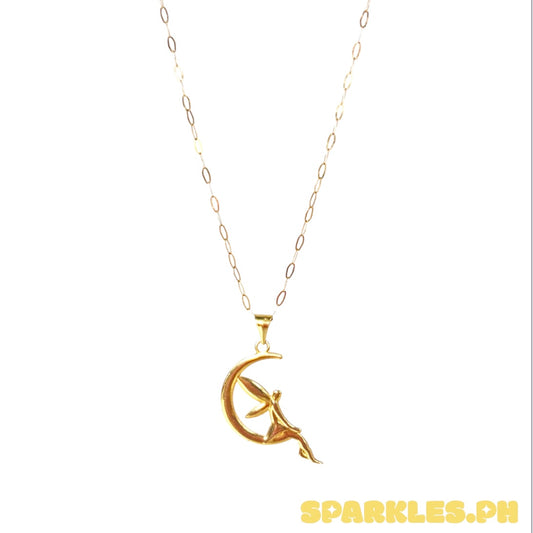 18k Saudi Gold Micro Paperclip Chain 18" + 18k Saudi Gold Moon Fairy Pendant