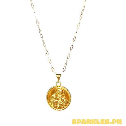 18k Saudi Gold Micro Paperclip Chain 18" + 18k Saudi Gold 15mm Mary and Child Pendant