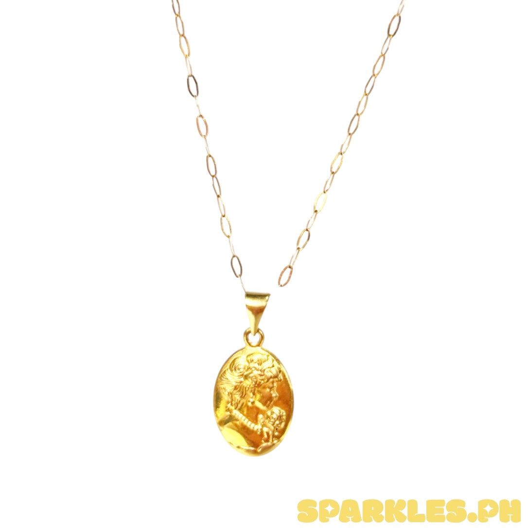18k Saudi Gold Micro Paperclip Chain 18" + 18k Saudi Gold Queen Elizabeth Oblong Pendant