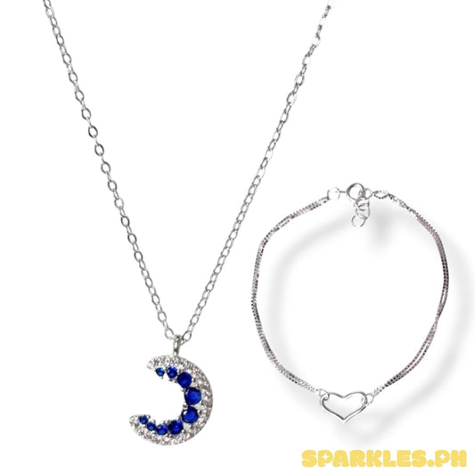 92.5 Sterling Silver - Blue Crescent Necklace + 92.5 Sterling Silver - Double Layer Heart Bracelet