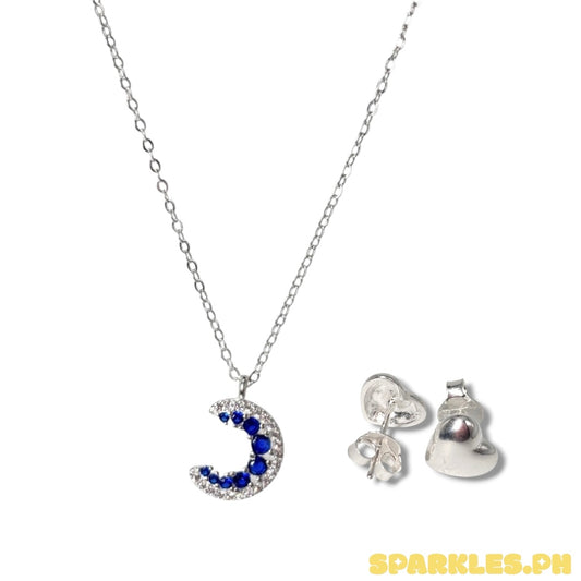 92.5 Sterling Silver - Blue Crescent Necklace + 92.5 Sterling Silver - Plain Heart Stud Earrings