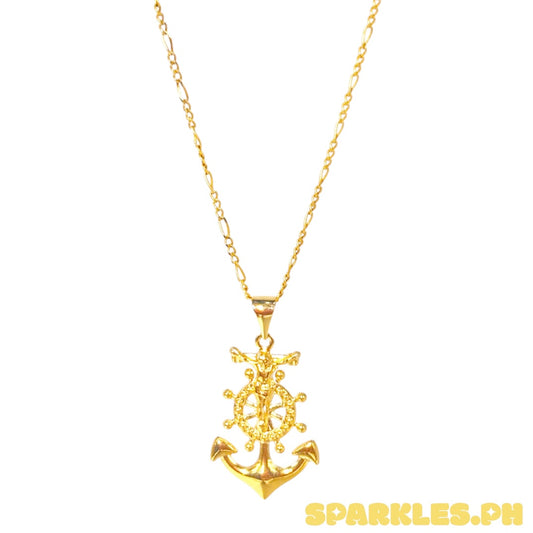 18k Saudi Gold Figaru Chain 20" + 18k Saudi Gold Jesus Anchor Wheel Pendant