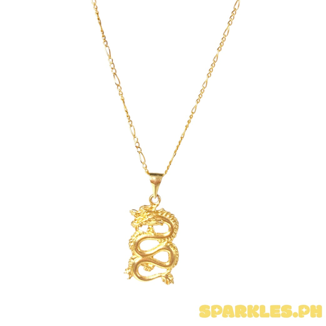 18k Saudi Gold Figaru 18' Chain Solid Pawnable Lightweight+18k Saudi Gold Spiral Dragon Pendant