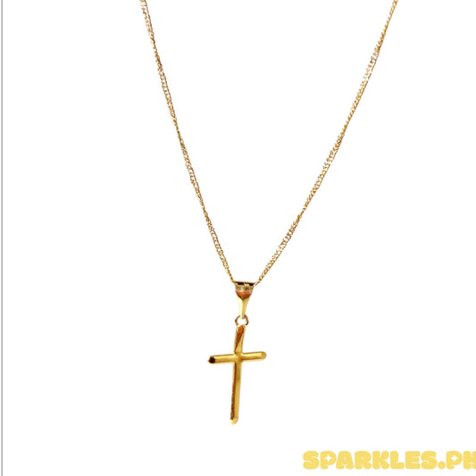 18k Saudi Gold Japan Style Chain V1 18" + Mini Plain Cross Solid Pendant