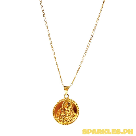 18k Saudi Gold Figaru Chain 18" + 18k Saudi Gold 15mm Mary and Child Pendant