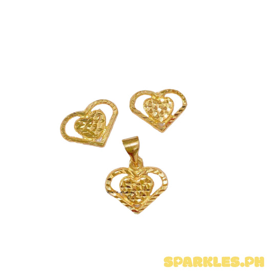 18k Saudi Gold Set Diacut Twin Heart Pendant & Earring