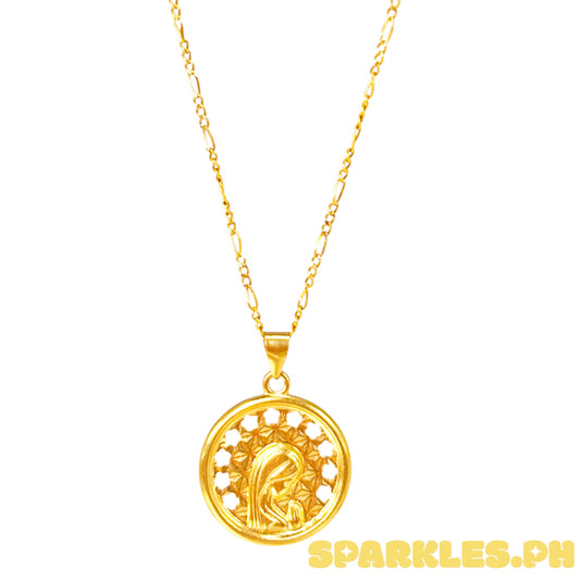 18k Saudi Gold Figaru Chain 18" + 18k Saudi Gold Round Mary Pendant